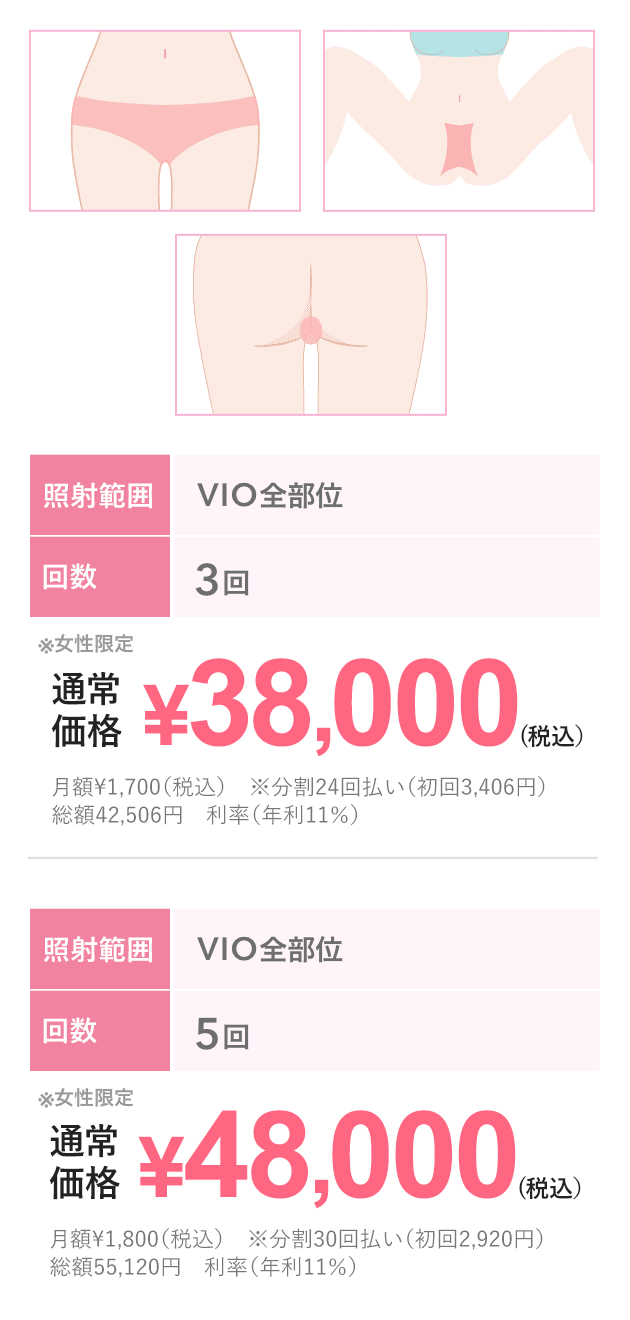 VIO脱毛クイック（VIO全部位）3回総額38,000円(税込) 5回総額48,000円(税込)
