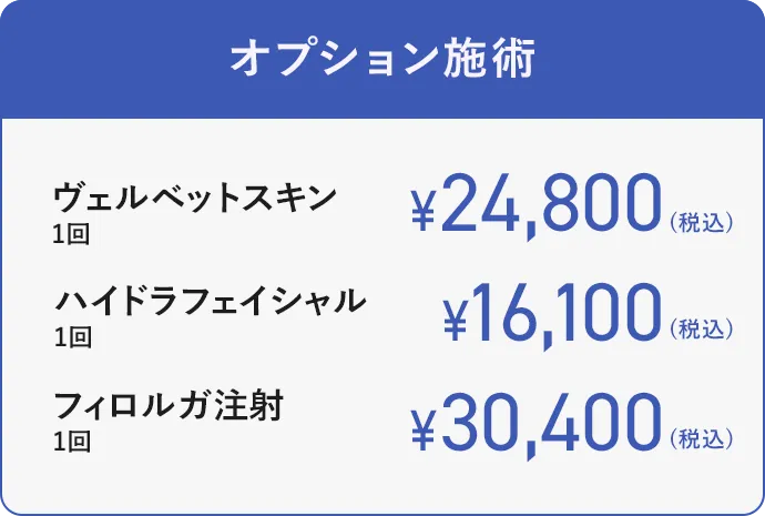 【オプション施術】ヴェルベットスキン1回24800円（税込）ハイドラフェイシャル16100円（税込）フィロルガ注射1回30400円（税込）