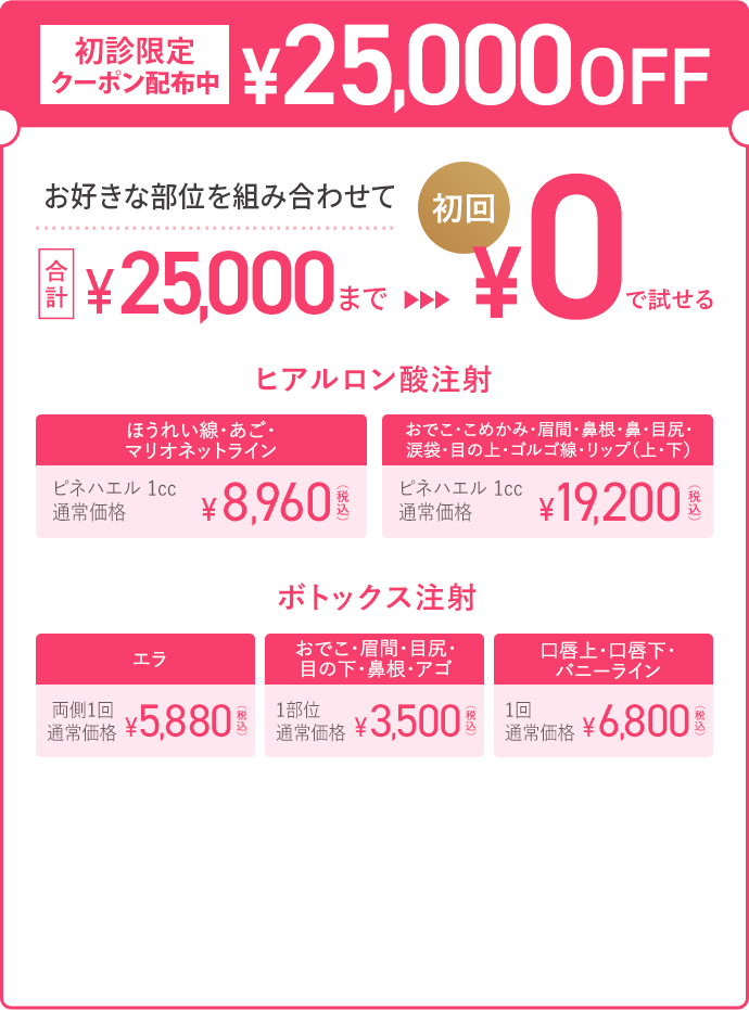 お好きな部位を組み合わせて合計25,000円まで初回0円で試せる