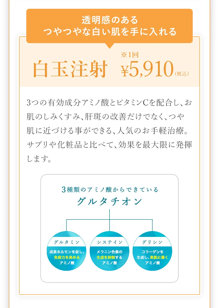 透明感のあるつやつやな白い肌を手に入れる。白玉注射