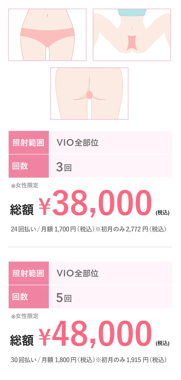 VIO脱毛クイック（VIO全部位）3回総額38,000円(税込) 5回総額48,000円(税込)