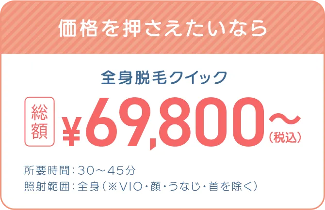 価格を抑えたいなら 全身脱毛クイック 総額69,800円（税込）～